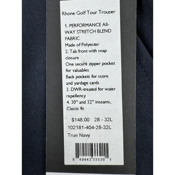 Rhone Golf Tour Trouser Pants Mens 28x32 True Navy Performance Stretch DWR Golf